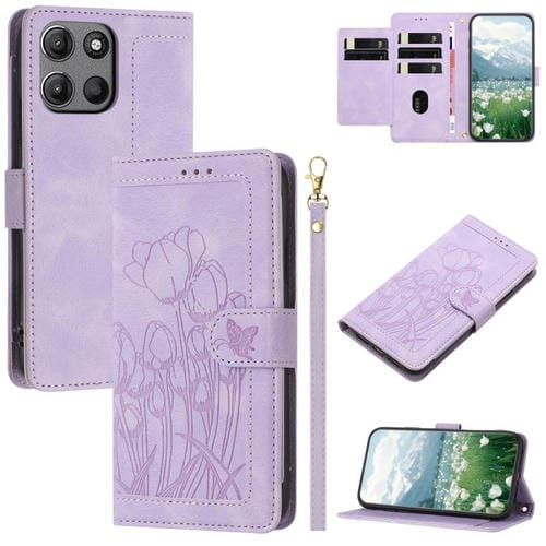 Funda de Cuero con Relieve de Tulipanes para Motorola Moto G15 con Cordón (Morado)