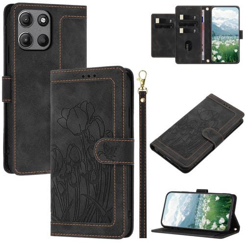 Funda de Cuero con Relieve de Tulipanes para Motorola Moto G15 con Cordón (Negro)