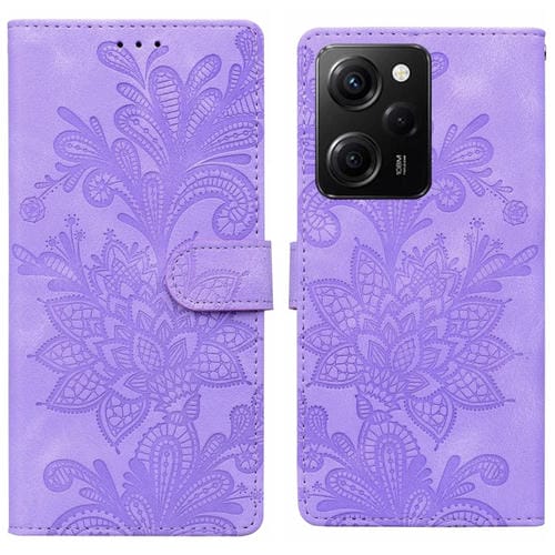 Funda de Teléfono con Hebilla Magnética de Pu con Encaje Floral En Relieve y Correa para la Muñeca para Redmi Note 12 Pro 5G (Morado)