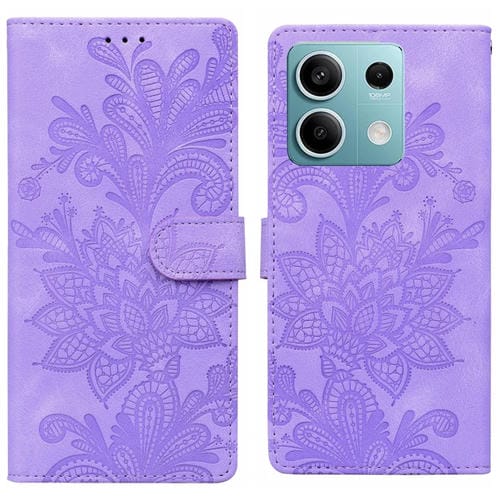 Funda de Teléfono con Hebilla Magnética y Encaje Floral En Relieve para Redmi Note 14 4G/5G con Correa para la Muñeca (Morado)
