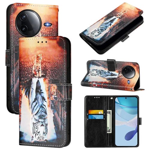 Funda de Teléfono de Cuero con Patrón de Dibujo de Colores de Tejido Liso para Redmi K80/K80 Pro (Gatos y Tigres)