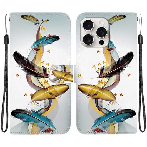 Funda de Cuero para iPhone 16 Pro Max con Dibujo de Colores y Textura de Cristal (Plumas de Mariposa Doradas)