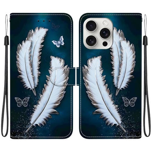 Funda de Cuero para iPhone 16 Pro Max con Dibujo de Colores y Textura de Cristal (Plumas de Mariposa Blancas)