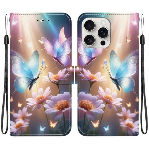 Funda de Cuero para iPhone 16 Pro Max con Dibujo de Colores y Textura de Cristal (Mariposa, Amor y Flores)