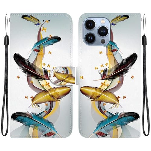 Funda de Cuero para iPhone 15 Pro con Dibujo de Colores y Textura de Cristal (Plumas de Mariposa Doradas)