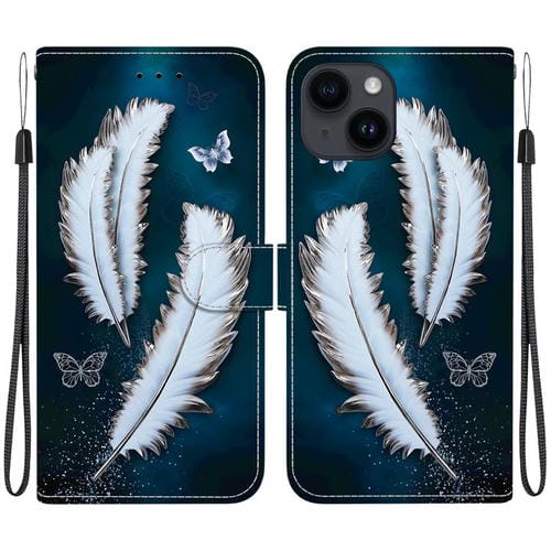 Funda de Cuero para iPhone 14 con Dibujo de Colores y Textura de Cristal (Plumas de Mariposa Blancas)