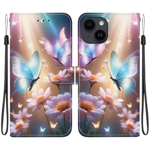 Funda de Cuero para iPhone 14 con Dibujo de Colores y Textura de Cristal (Mariposa, Amor, Flor)