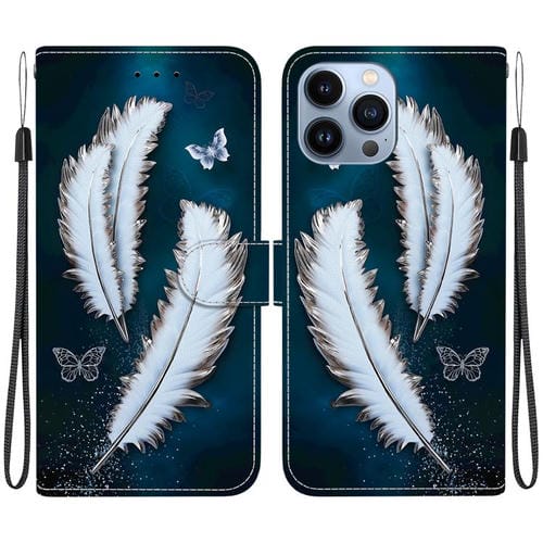 Funda de Cuero con Dibujo de Colores y Textura de Cristal para iPhone 14 Pro Max (Plumas de Mariposa Blancas)