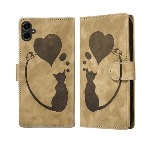 Funda de piel con relieve de gato y corazón para Samsung Galaxy A07 4G / A06 4G (albaricoque)