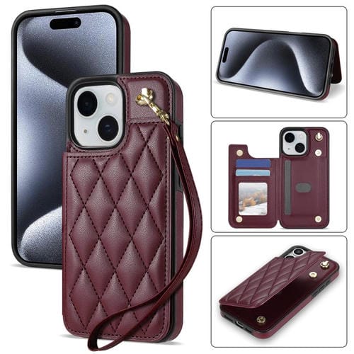 Estuche para Teléfono iPhone 15 Plus Ranuras Tarjetas Hebilla Doble Cordón (Rojo Vino)