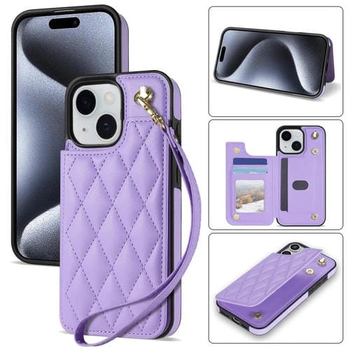 Estuche para Teléfono Rombal iPhone 15 Plus Ranuras Tarjetas Hebilla Doble Cordón (Morado)