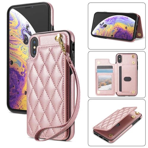 Estuche para Teléfono Rombal iPhone Xr Ranuras Tarjetas Hebilla Doble con Cordón (Oro Rosa)