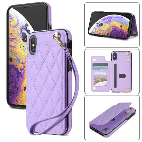 Estuche para Teléfono Rombal para iPhone Xr con Ranuras para Tarjetas y Cordón (Morado)