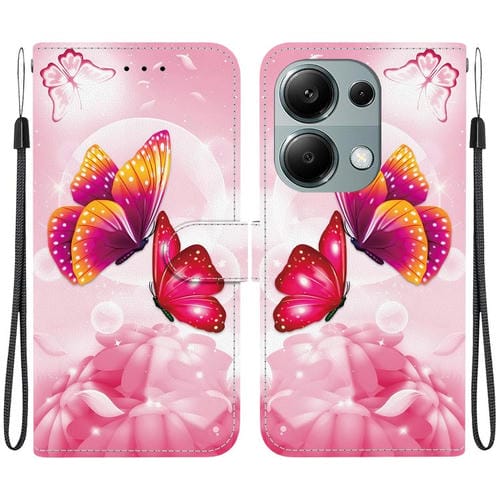Funda de Cuero con Dibujo de Colores y Textura de Cristal para Redmi Note 13 Pro 4G / Poco M6 Pro (Mariposas Rosas)