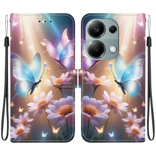 Funda de Cuero con Dibujo de Colores y Textura de Cristal para Redmi Note 13 Pro 4G / Poco M6 Pro (Mariposa, Amor y Flores)
