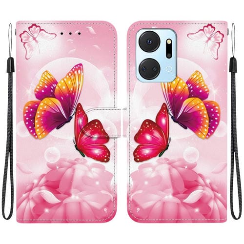 Funda de Cuero para Honor X7A con Dibujo de Colores y Textura de Cristal (Mariposas Rosas)