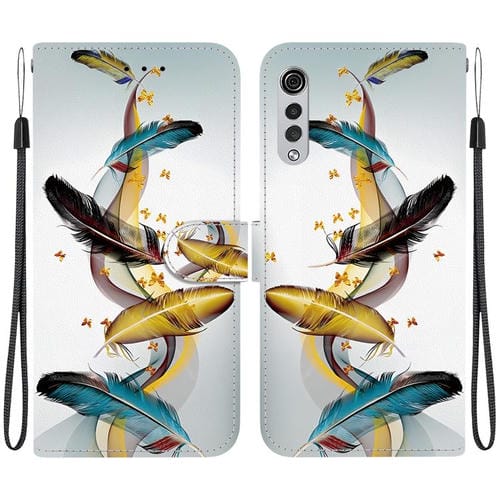 Funda de Cuero para LG Velvet 5G/G9 4G con Dibujo de Colores y Textura de Cristal (Plumas de Mariposa Doradas)