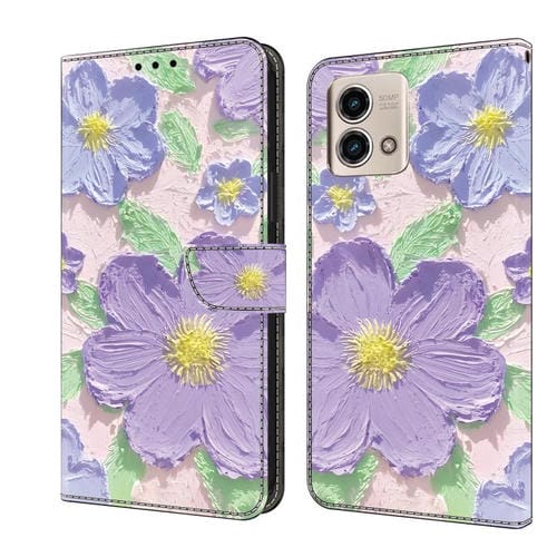 Funda de Cuero Pintada a Mano para Motorola Moto G Stylus 5G 2023 (Flores Moradas)
