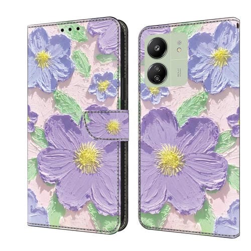 Funda de Cuero Pintada a Mano para Redmi 14C 4G (Pintura al Ăleo de Flores Moradas)