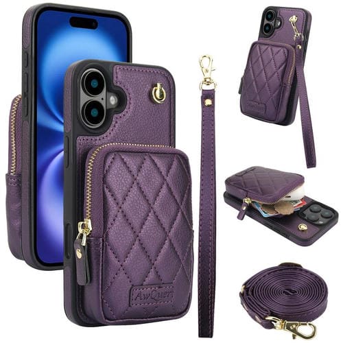 Funda para iPhone 16 Awquer con Cremallera y Bandolera de Piel de Lichi (Morado Oscuro)