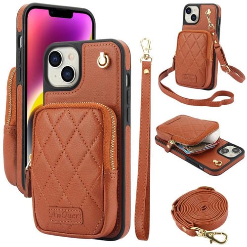 Cartera Cruzada Awquer para iPhone 14/13 con Cremallera y Funda de Piel de Lichi (Marrón)