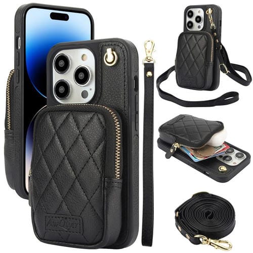 Funda de teléfono Awquer Crossbody Wallet Bag para iPhone 14 Pro Max de cuero Litchi (Negro)
