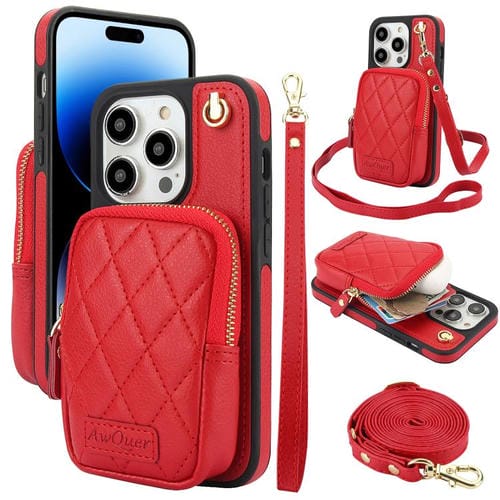 Funda de teléfono Awquer Crossbody Zipper Wallet Bag para iPhone 14 Pro Max de Cuero Litchi (Rojo)
