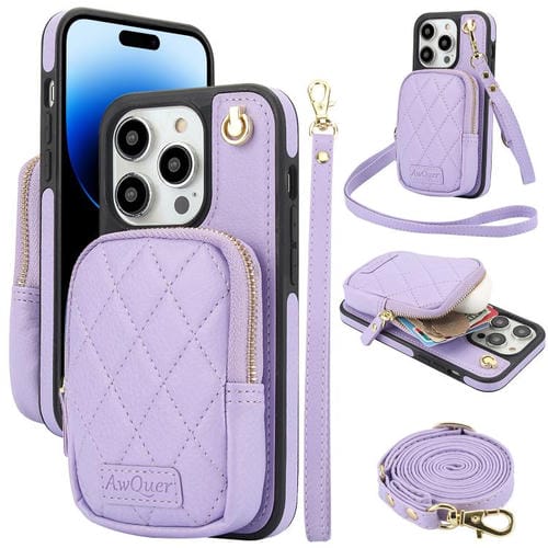 Funda para iPhone 14 Pro Max Awquer Crossbody Zipper Wallet Bag Litchi Leather Phone Case (Púrpura Claro)