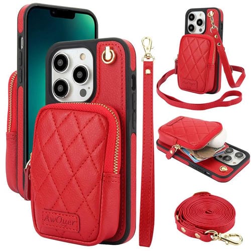 Funda de teléfono Awquer Crossbody Zipper Wallet Bag para iPhone 13 Pro de cuero Litchi (Rojo)