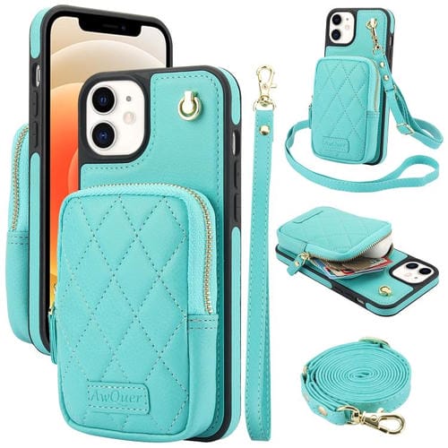 Funda para iPhone 12/12 Pro Awquer Crossbody Zipper Wallet Bag Litchi Leather Phone Case (Verde Menta)