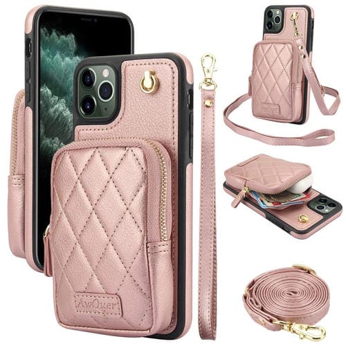 Cartera Cruzada Awquer para iPhone 11 Pro Max con Cremallera y Parte Trasera de Piel de Lichi (Oro Rosa)