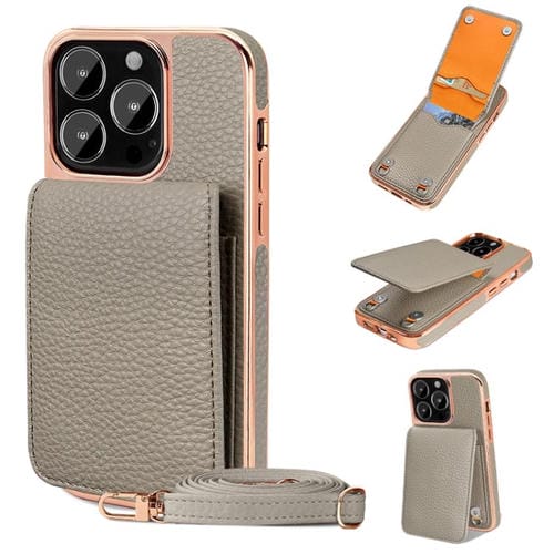 Funda de Teléfono Tipo Billetera Vietao Textura de Lichi Cordón de Pu para iPhone 13 Pro (Gris)