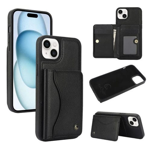 Funda de Cuero Awquer para iPhone 15 Plus con Tapa Horizontal para Tarjetas y Soporte (Negro)