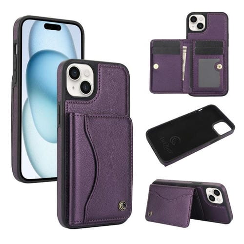 Funda para iPhone 15 Plus Awquer Cuero con Tapa Horizontal para Tarjetas y Soporte (Morado Oscuro)