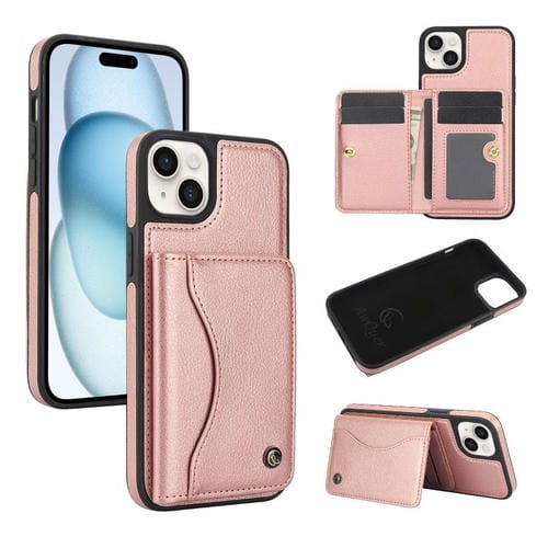 Funda de Cuero Awquer para iPhone 15 Plus con Tapa Horizontal para Tarjetas y Soporte (Oro Rosa)