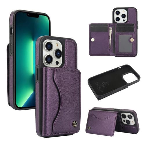 Funda de Cuero Awquer para iPhone 13 Pro con Tapa Horizontal para Tarjetas y Soporte (Morado Oscuro)