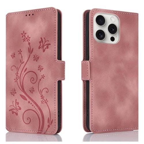 Funda de Cuero iPhone 15 Pro Max Relieve Mariposa y Flor Amor Ensueño (Oro Rosa)