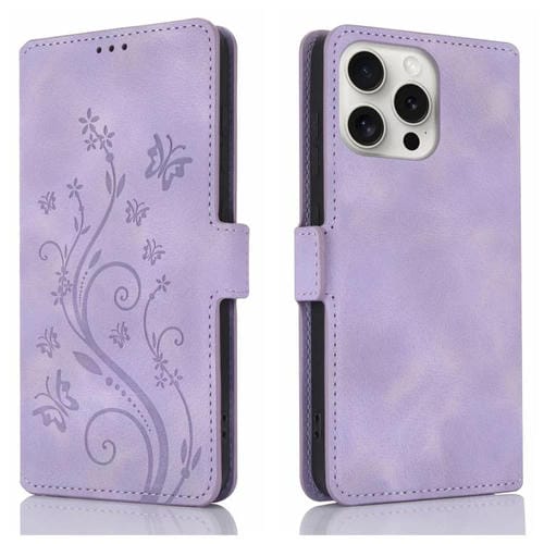 Funda de Cuero iPhone 15 Pro Relieve Mariposa y Flor Amor Ensueño (Morado)
