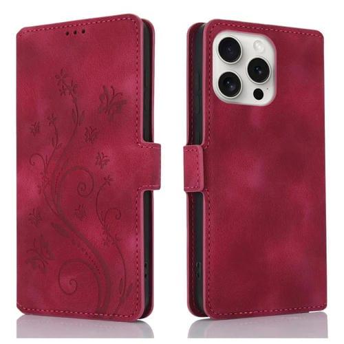 Funda de Cuero iPhone 15 Pro Relieve Mariposa y Flor Amor Ensueño (Rojo)