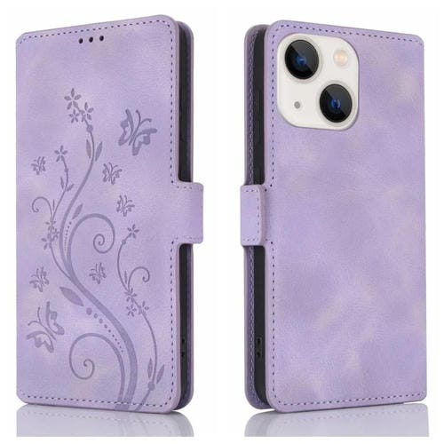 Funda de Cuero iPhone 15 Relieve Mariposa y Flor Amor Ensueño (Morado)