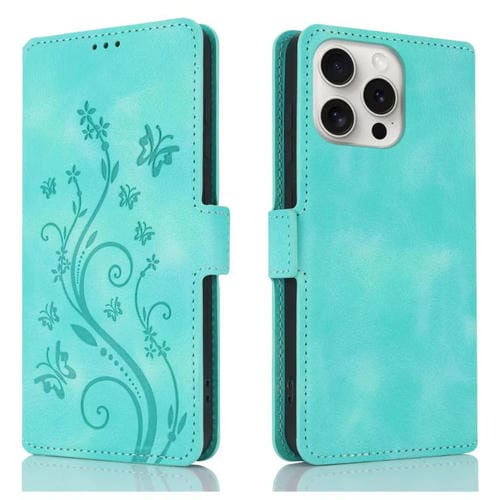 Funda de Cuero iPhone 14 Pro Relieve Mariposa y Flor de Amor (Verde)