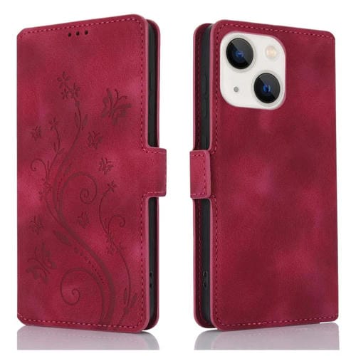 Funda de Cuero iPhone 13 Mini Relieve Mariposa y Flor Amor Ensueño (Rojo)