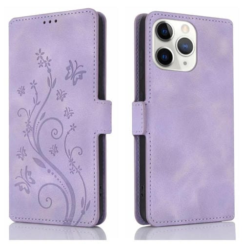 Funda de Cuero con Relieve Mariposa y Flor para iPhone 11 Pro Max (Morado)