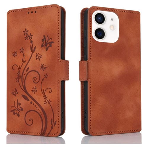 Funda de Cuero iPhone 11 con Relieve Mariposa y Flor de Amor (Marrón)