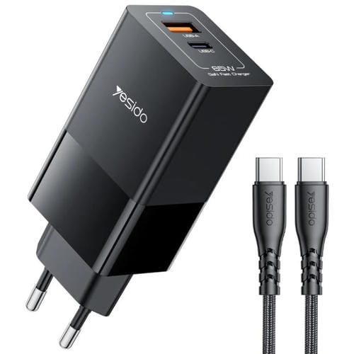 Cargador rápido Yesido YC73 65 W puerto dual USB y USB-C Gan (Negro)