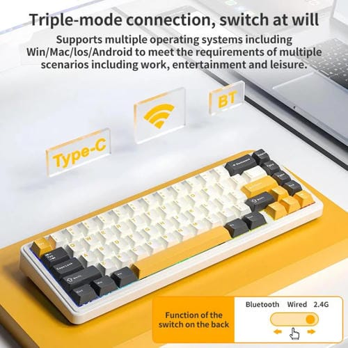 Teclado Mecánico Aula F65 de 67 Teclas con Conexión 2,4 G, Bluetooth y Cable, RGB Gaske (Eje Gris, Blanco, Amarillo y Azul)
