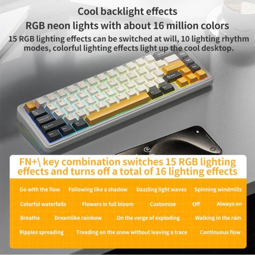 Teclado Mecánico Aula F65 de 67 Teclas con Conexión 2,4 G, Bluetooth y Cable, RGB Gaske (Eje Gris, Blanco, Amarillo y Azul)