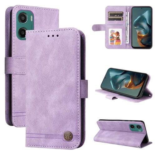 Funda de Cuero para Motorola Moto G05/E15 con Botones de Metal y Diseño Árbol de la Vida (Morado)