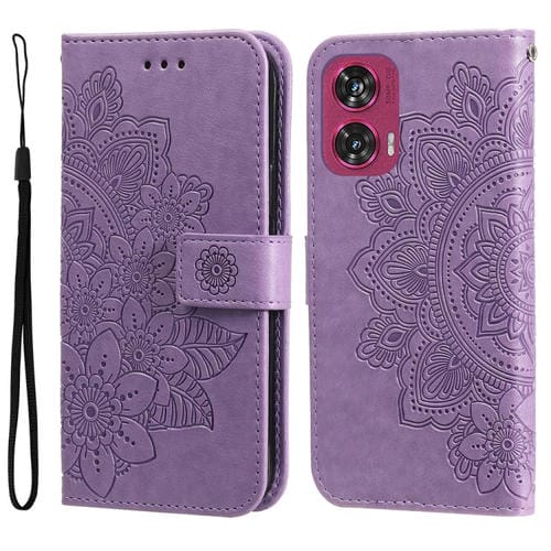 Funda de Cuero con Relieve Flores Siete Pétalos para Motorola Edge 50 Fusion (Morado Claro)