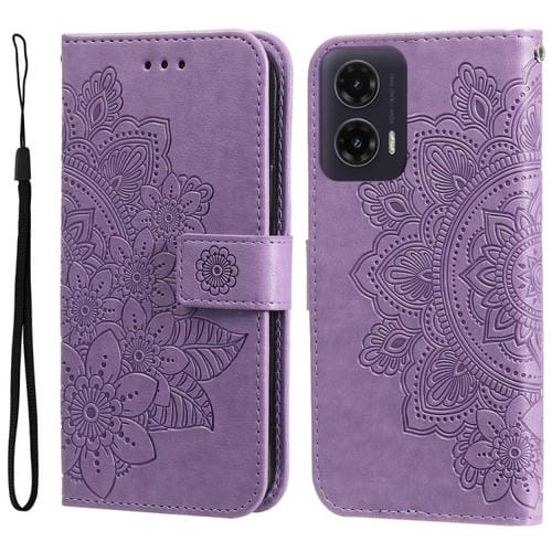 Funda de Cuero con Relieve Flores Siete Pétalos para Motorola Moto G35 (Morado Claro)